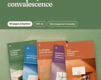 Può includere: Un kit digitale di preparazione e convalescenza con cinque documenti intitolati Le Classeur médical familial, Le Carnet de après l'opéra, Le Dossier arrêt de travail, Questions à poser à votre chirurgien e Fiche d'informations médicales d'urgence.