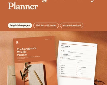 Può includere: Un planner settimanale stampabile intitolato The Caregiver's Weekly Planner con 14 pagine in formato PDF A4 e US Letter. Il documento presenta una copertina color terracotta con un quaderno e una penna, e una pagina di istruzioni How to use it.