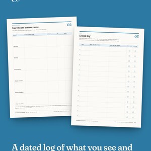 Peut inclure: Deux pages en papier blanc avec du texte bleu et des lignes de grille. La page de gauche est intitul&eacute;e Care team instructions avec des colonnes pour le sujet, l'instruction, donn&eacute; par, le, et jusqu'au. La page de droite est intitul&eacute;e Dated log avec des colonnes pour la date, ce que je vois, ce que je ressens et des cases &agrave; cocher.