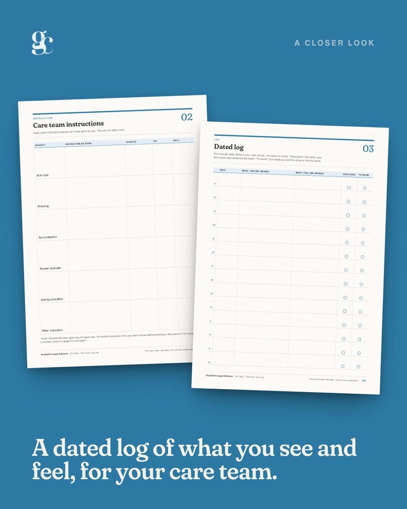 Peut inclure: Deux pages en papier blanc avec du texte bleu et des lignes de grille. La page de gauche est intitul&eacute;e Care team instructions avec des colonnes pour le sujet, l'instruction, donn&eacute; par, le, et jusqu'au. La page de droite est intitul&eacute;e Dated log avec des colonnes pour la date, ce que je vois, ce que je ressens et des cases &agrave; cocher.