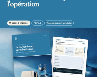 Può includere: Un diario di monitoraggio post-operatorio in formato PDF digitale, con una copertina blu che riporta il testo Le carnet de suivi après l'opération, insieme a una pagina interna con istruzioni e campi per le note sanitarie quotidiane.