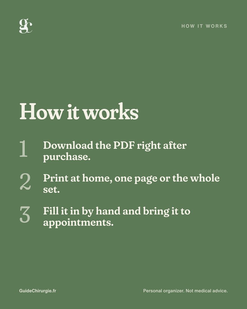 May include: A sage green informational graphic with white text titled How it works. It lists three steps: 1. Download the PDF right after purchase. 2. Print at home, one page or the whole set. 3. Fill it in by hand and bring it to appointments.