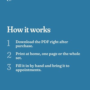 May include: A blue informational graphic with white text titled How it works. It lists three steps: 1. Download the PDF right after purchase. 2. Print at home, one page or the whole set. 3. Fill it in by hand and bring it to appointments.