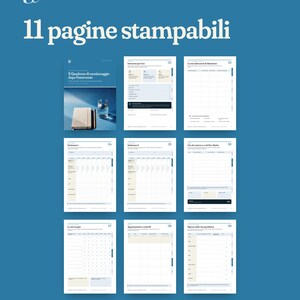 May include: A set of 11 printable pages titled 11 pagine stampabili, featuring a post-surgery monitoring journal with grids, tables, and sections for tracking recovery, medication, and appointments on a blue background.