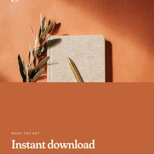 May include: A beige fabric-covered notebook with a gold pen resting on top, accompanied by a green olive branch. The lower section features white text on a terracotta background reading: WHAT YOU GET, Instant download, PDF A4 + US Letter, 11 printable pages, No physical item shipped.