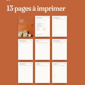 Op de afbeelding: Een set van 13 printbare pagina's met een terracotta achtergrond en witte tekst. Het document bevat een voorpagina getiteld Le Carnet du retour &agrave; domicile en acht georganiseerde planningsbladen met rasters en checklists.