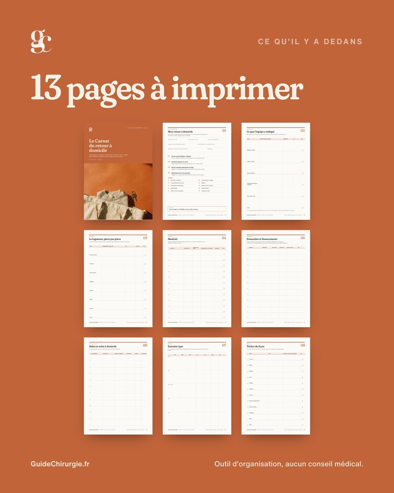 Op de afbeelding: Een set van 13 printbare pagina's met een terracotta achtergrond en witte tekst. Het document bevat een voorpagina getiteld Le Carnet du retour &agrave; domicile en acht georganiseerde planningsbladen met rasters en checklists.