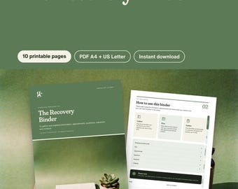 Può includere: Un set di raccoglitori per il recupero digitale con una copertina verde intitolata The Recovery Binder e una pagina interna intitolata How to use this binder. Include 10 pagine stampabili in formato PDF A4 e US Letter per l'organizzazione.