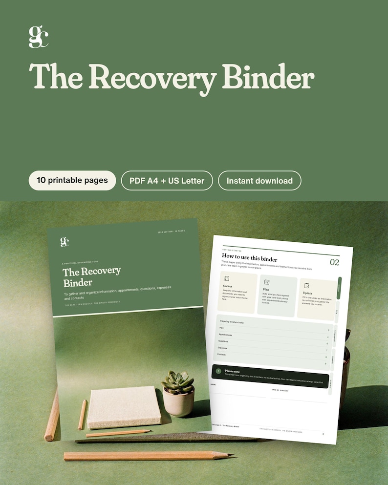 May include: A digital recovery binder set featuring a green cover page titled The Recovery Binder and an interior page titled How to use this binder. The set includes 10 printable pages in PDF A4 and US Letter formats for organizing medical information.