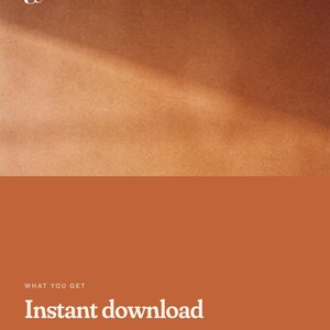 Puede incluir: Un gr&aacute;fico digital con una secci&oacute;n superior marr&oacute;n texturizada y una secci&oacute;n inferior de color terracota s&oacute;lido. El texto dice: WHAT YOU GET, Instant download, PDF A4 + US Letter, 14 printable pages, No physical item shipped. Un peque&ntilde;o logotipo blanco est&aacute; en la parte superior izquierda.