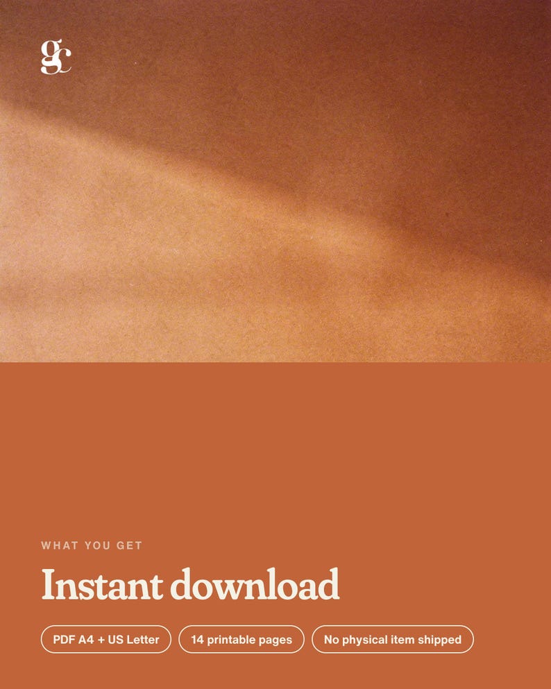 Puede incluir: Un gr&aacute;fico digital con una secci&oacute;n superior marr&oacute;n texturizada y una secci&oacute;n inferior de color terracota s&oacute;lido. El texto dice: WHAT YOU GET, Instant download, PDF A4 + US Letter, 14 printable pages, No physical item shipped. Un peque&ntilde;o logotipo blanco est&aacute; en la parte superior izquierda.