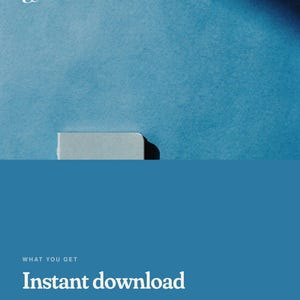 Peut inclure: Un graphique de produit num&eacute;rique sur fond bleu avec un logo blanc en haut &agrave; gauche. Le texte indique : WHAT YOU GET, Instant download, PDF A4 + US Letter, 13 printable pages, et No physical item shipped.