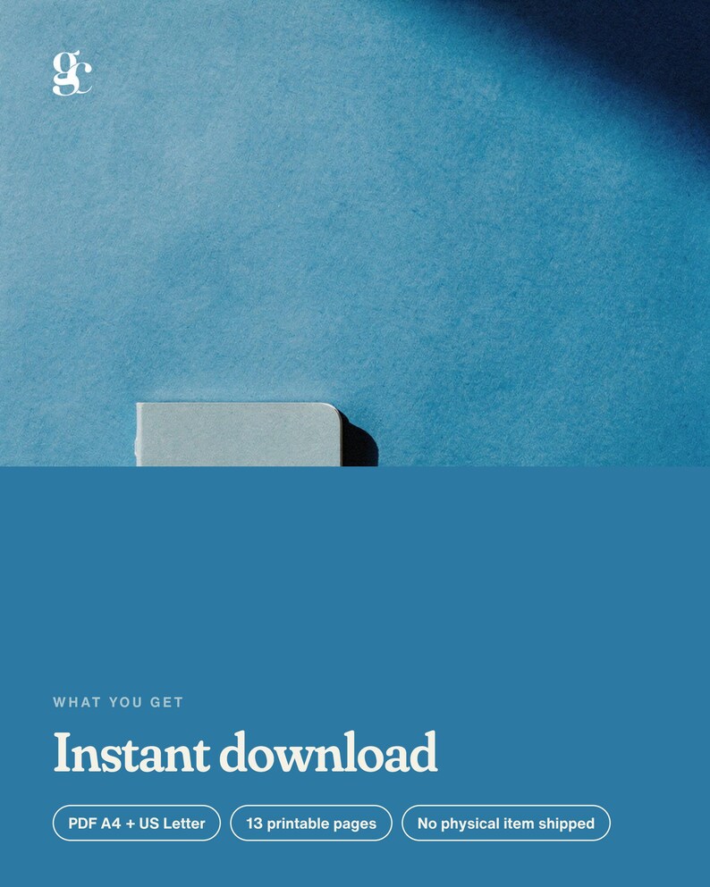 Peut inclure: Un graphique de produit num&eacute;rique sur fond bleu avec un logo blanc en haut &agrave; gauche. Le texte indique : WHAT YOU GET, Instant download, PDF A4 + US Letter, 13 printable pages, et No physical item shipped.