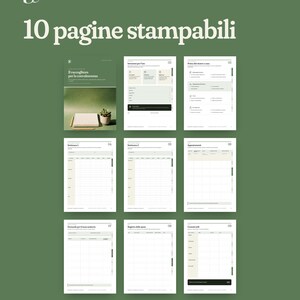 May include: A set of 10 printable pages featuring a recovery organizer with a green background. The pages include text in Italian such as '10 pagine stampabili', 'Il raccoglitore per la convalescenza', 'Istruzioni per l'uso', and 'Registro delle spese'.