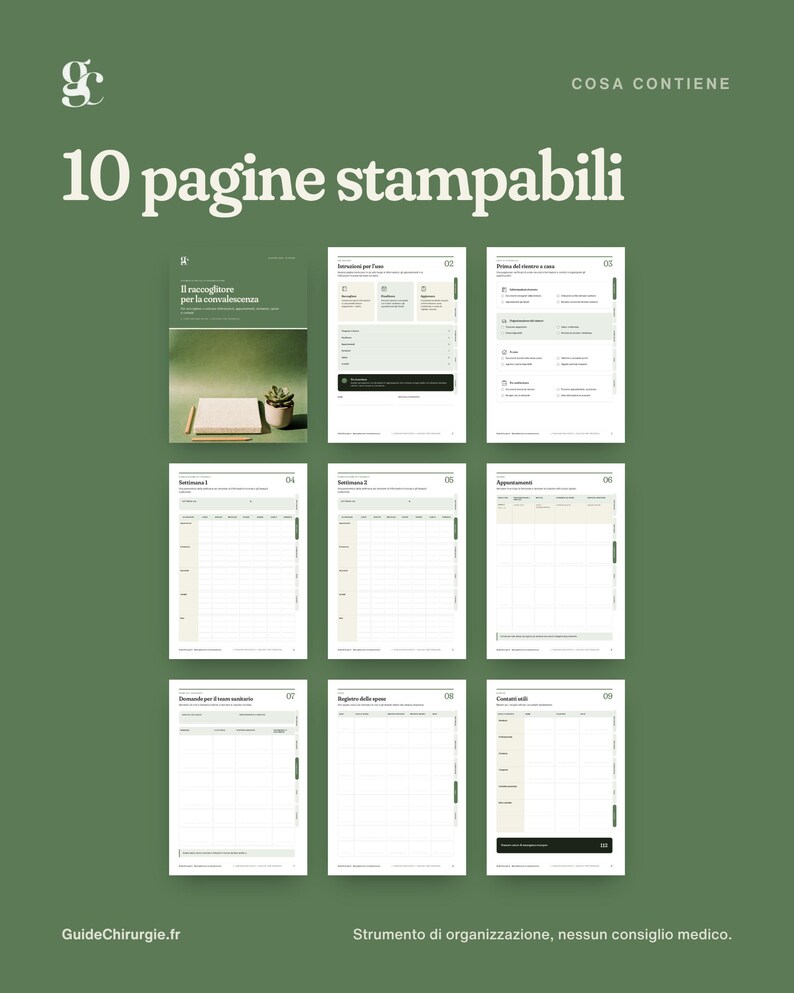 May include: A set of 10 printable pages featuring a recovery organizer with a green background. The pages include text in Italian such as '10 pagine stampabili', 'Il raccoglitore per la convalescenza', 'Istruzioni per l'uso', and 'Registro delle spese'.
