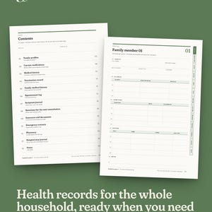 May include: Two white pages from a health record organizer. The left page shows a contents list with sections for family profiles, medical history, and emergency contacts. The right page is a family member profile form with fields for allergies and conditions.