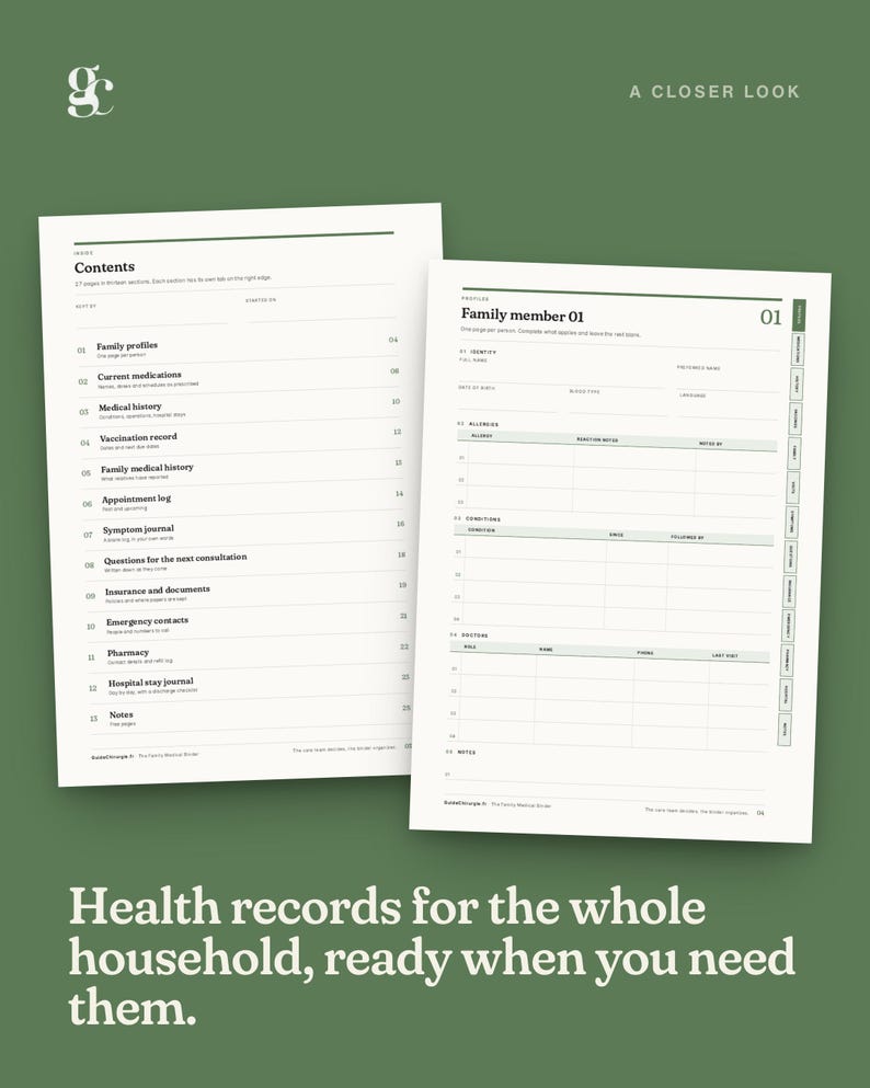 May include: Two white pages from a health record organizer. The left page shows a contents list with sections for family profiles, medical history, and emergency contacts. The right page is a family member profile form with fields for allergies and conditions.