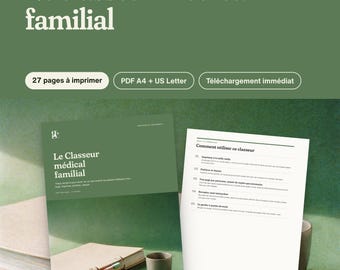 Può includere: Un modello di raccoglitore medico digitale con una copertina verde con il testo Le Classeur médical familial e una seconda pagina intitolata Comment utiliser ce classeur. Il set include 27 pagine stampabili in formato A4 e US Letter.