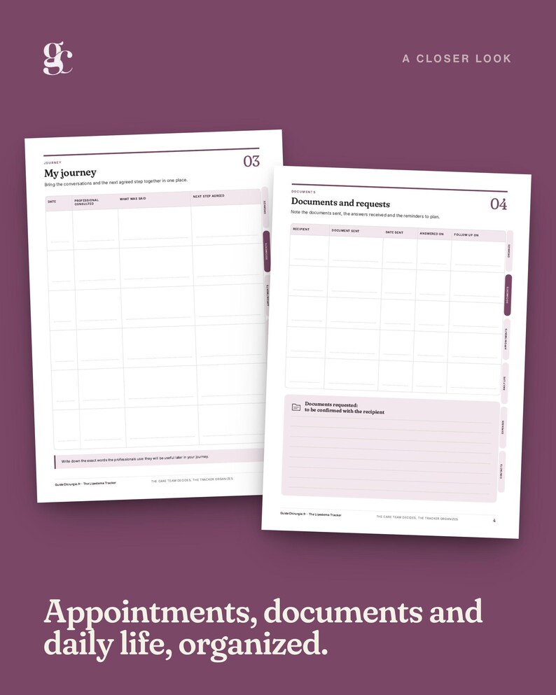 Puede incluir: Dos p&aacute;ginas de planificador blancas con detalles en morado oscuro. La p&aacute;gina izquierda se titula My journey 03 con columnas para fecha, profesional consultado, lo dicho y el siguiente paso acordado. La derecha es Documents and requests 04.