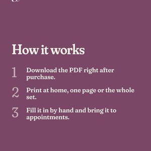 Pu&ograve; includere: Un grafico informativo color prugna intitolato How it works. Elenca tre passaggi: 1. Download the PDF right after purchase. 2. Print at home, one page or the whole set. 3. Fill it in by hand and bring it to appointments. Include GuideChirurgie.fr.