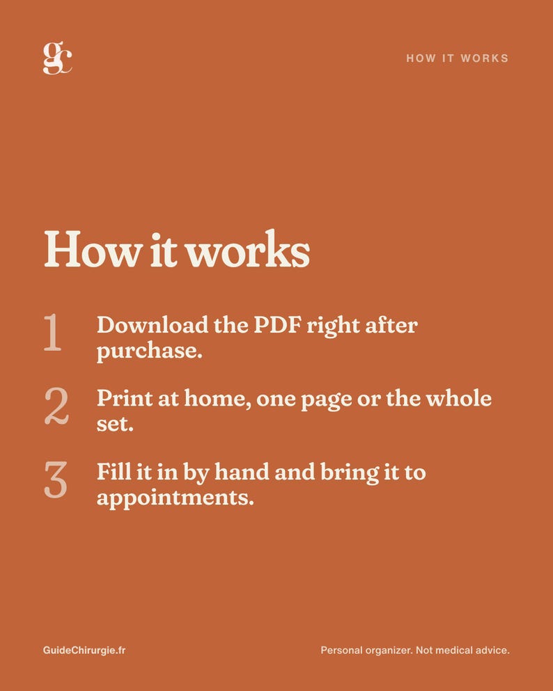 May include: A rust-colored informational graphic with white text titled How it works. It lists three steps: 1. Download the PDF right after purchase. 2. Print at home, one page or the whole set. 3. Fill it in by hand and bring it to appointments.