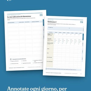 May include: Two white pages from a medical planner with blue accents. The left page is titled Le mie indicazioni di dimissione, and the right page is titled Settimana 1, featuring tables for daily health tracking and checkboxes for medical documents.