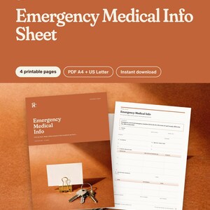 May include: A printable Emergency Medical Info Sheet document featuring a rust-colored cover with white text and a second page showing a medical form template with fields for allergies, medications, and emergency contacts.