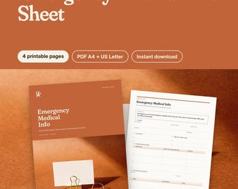 Può includere: Un foglio informativo medico di emergenza stampabile con una copertina color ruggine con testo bianco e una seconda pagina che mostra un modello di modulo medico con campi per allergie, farmaci e contatti di emergenza.