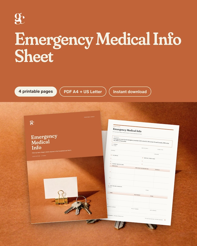 May include: A printable Emergency Medical Info Sheet document featuring a rust-colored cover with white text and a second page showing a medical form template with fields for allergies, medications, and emergency contacts.