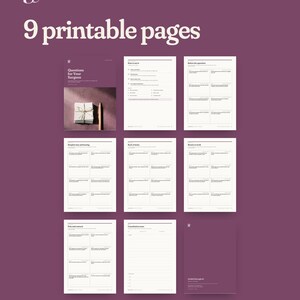 Pu&ograve; includere: Un set di 9 pagine stampabili con sfondo viola scuro e testo bianco. Le pagine includono sezioni intitolate Questions for Your Surgeon, How to use it, Before the operation, Hospital stay and leaving, Back at home, Return to work, Pain and contacts e Consultation notes.