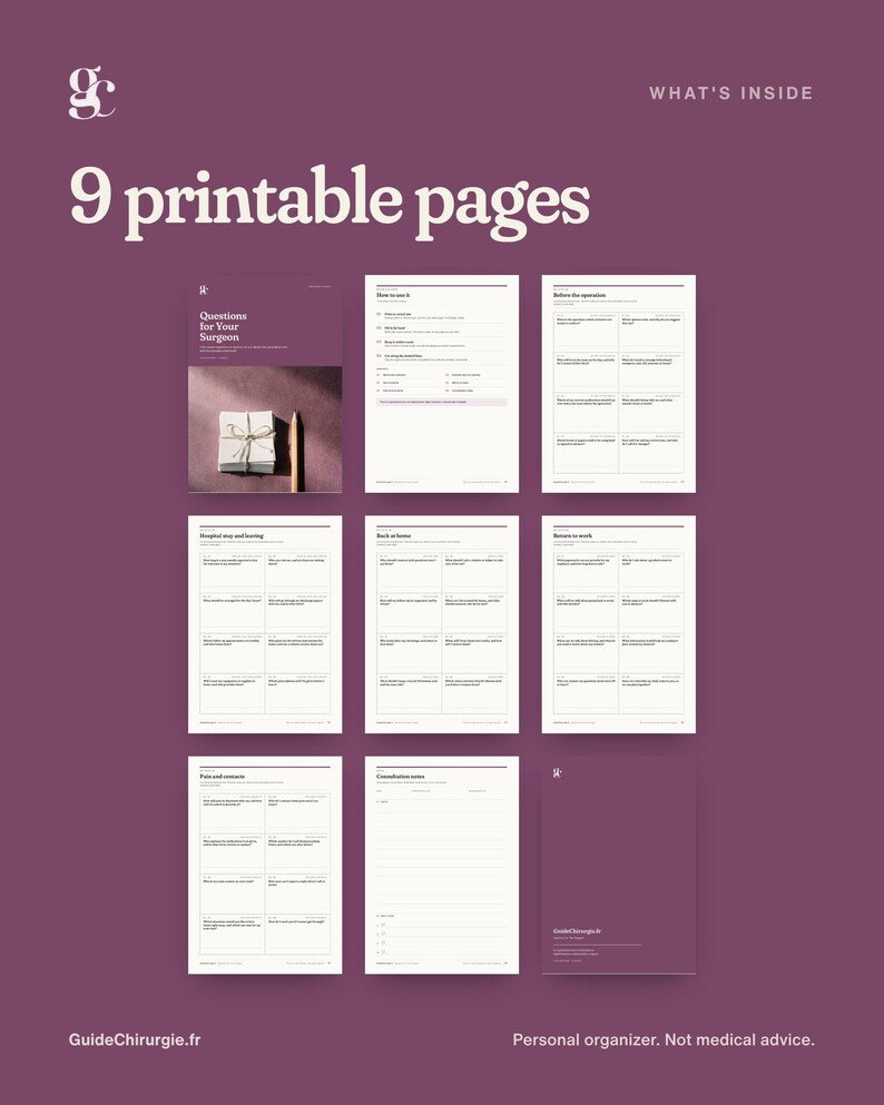 Pu&ograve; includere: Un set di 9 pagine stampabili con sfondo viola scuro e testo bianco. Le pagine includono sezioni intitolate Questions for Your Surgeon, How to use it, Before the operation, Hospital stay and leaving, Back at home, Return to work, Pain and contacts e Consultation notes.