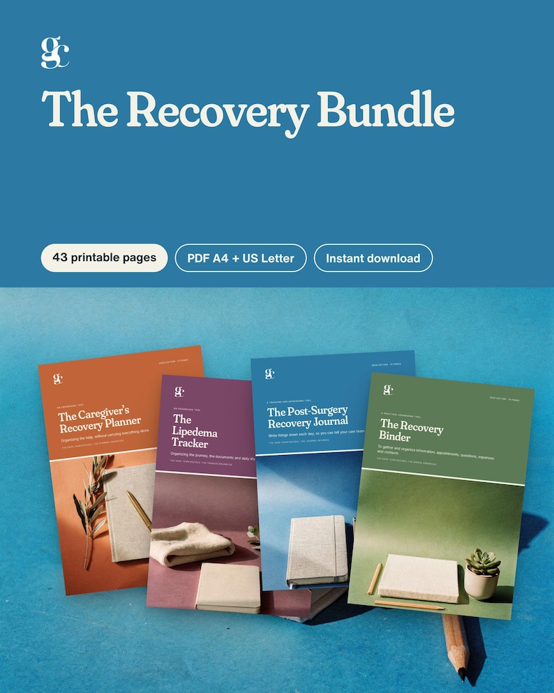May include: A digital recovery bundle featuring 43 printable pages in A4 and US Letter sizes. The set includes four planners titled The Caregiver's Recovery Planner, The Lipedema Tracker, The Post-Surgery Recovery Journal, and The Recovery Binder.