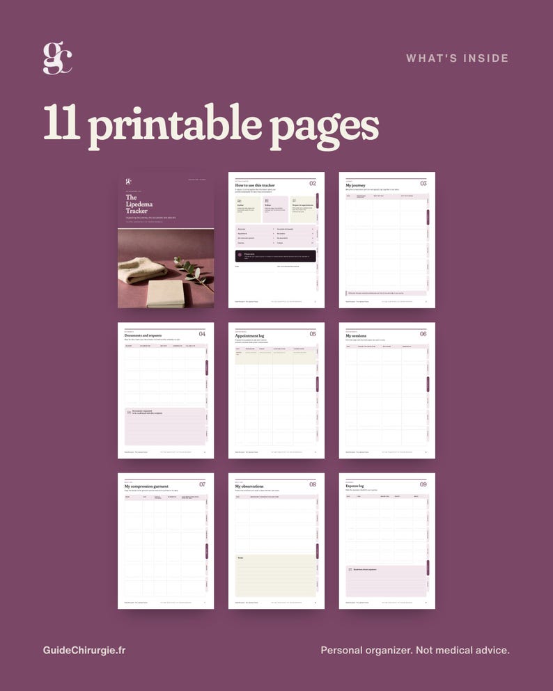Puede incluir: Un conjunto de 11 p&aacute;ginas imprimibles para The Lipedema Tracker, que incluye una portada y varias plantillas de registro como diarios de citas, rastreadores de sesiones y hojas de observaci&oacute;n, presentadas en un dise&ntilde;o limpio sobre fondo morado.