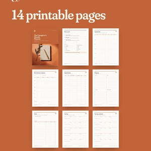 Puede incluir: Un conjunto de 14 p&aacute;ginas imprimibles para un planificador semanal de cuidadores sobre un fondo terracota. El dise&ntilde;o muestra una portada y ocho plantillas interiores para tareas, citas, compras y registros con el texto What's Inside.
