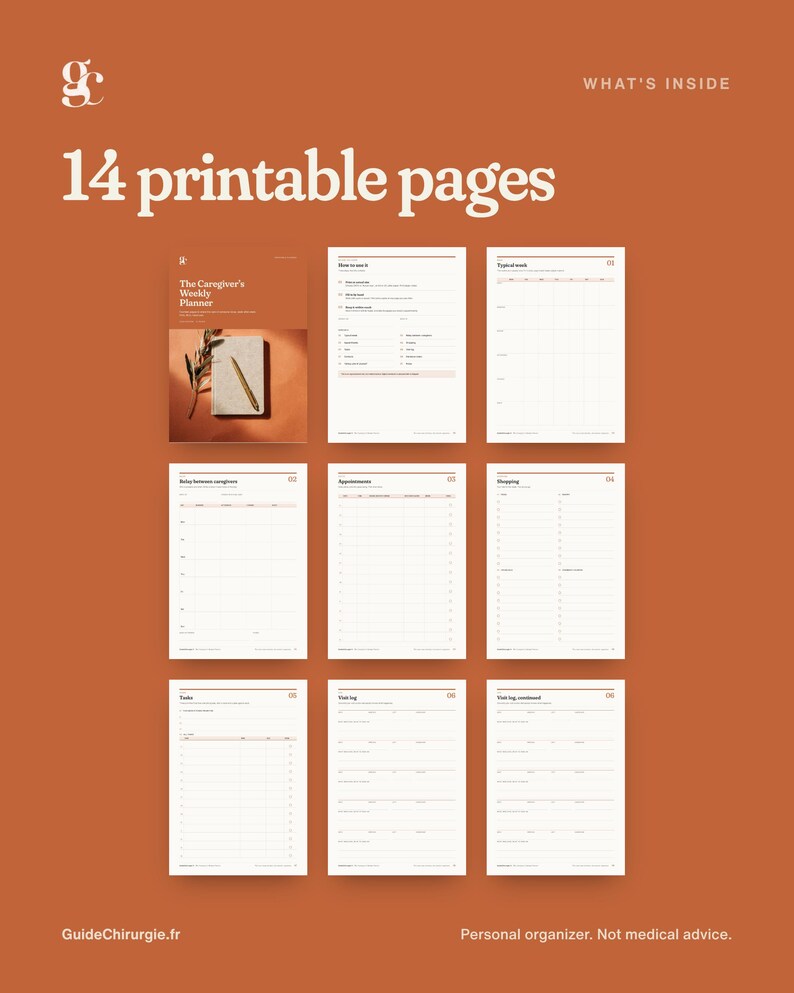 Puede incluir: Un conjunto de 14 p&aacute;ginas imprimibles para un planificador semanal de cuidadores sobre un fondo terracota. El dise&ntilde;o muestra una portada y ocho plantillas interiores para tareas, citas, compras y registros con el texto What's Inside.