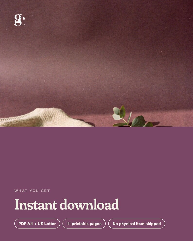Puede incluir: Un gr&aacute;fico digital con fondo color ciruela oscuro y un logotipo blanco en la esquina superior izquierda. El texto dice: WHAT YOU GET, Instant download, PDF A4 + US Letter, 11 printable pages y No physical item shipped.