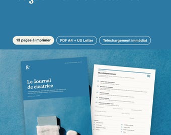 Può includere: Un diario digitale stampabile intitolato Le journal de cicatrice, composto da 13 pagine nei formati A4 e US Letter. Il documento include una copertina con sfondo blu e una pagina interna con sezioni per le note di intervento medico.