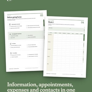 May include: Two white planner pages with black text and green accents. The left page is a checklist titled Before going home, and the right page is a weekly planner grid labeled Week 1. Both pages feature organized sections for tracking information.