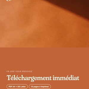 Op de afbeelding: Een digitale documentafbeelding met een getextureerde terracotta achtergrond en een effen oranje onderste gedeelte. De tekst bevat 'g', 'CE QUE VOUS RECEVEZ', 'T&eacute;l&eacute;chargement imm&eacute;diat', 'PDF A4 + US Letter', '13 pages &agrave; imprimer' en 'Aucun article physique envoy&eacute;'.