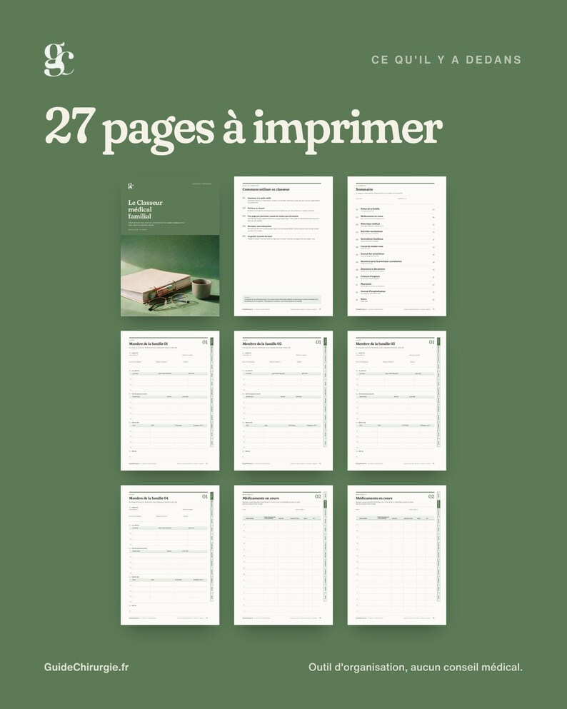 Puede incluir: Una colecci&oacute;n digital de 27 p&aacute;ginas imprimibles titulada 27 pages &agrave; imprimer, con un dise&ntilde;o de organizador m&eacute;dico. El conjunto incluye una portada, instrucciones, un &iacute;ndice, registros de salud de familiares y hojas de seguimiento de medicamentos.