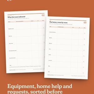 May include: Two white planner pages with black text and grid lines. The left page is titled What the team indicated 02, and the right page is titled The home, room by room 03. Both pages feature columns for tracking tasks, responsibilities, and completion status.