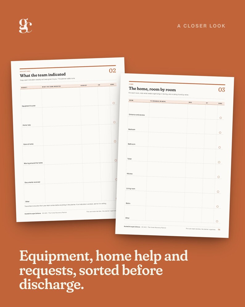 May include: Two white planner pages with black text and grid lines. The left page is titled What the team indicated 02, and the right page is titled The home, room by room 03. Both pages feature columns for tracking tasks, responsibilities, and completion status.