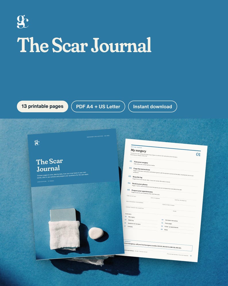 Peut inclure: Un document num&eacute;rique intitul&eacute; The Scar Journal comprenant 13 pages imprimables aux formats A4 et US Letter. La couverture affiche le titre et un graphique d'un petit livre avec un tissu blanc et une pierre. Une page int&eacute;rieure montre un journal.