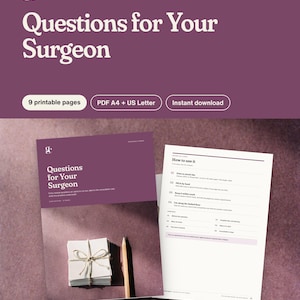 Pu&ograve; includere: Un documento stampabile intitolato Questions for Your Surgeon con 9 pagine in formato PDF A4 e US Letter. La copertina mostra una pila di schede legate con uno spago e una matita. La seconda pagina fornisce istruzioni su come utilizzare le schede.