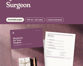 Può includere: Un documento stampabile intitolato Questions for Your Surgeon con 9 pagine in formato PDF A4 e US Letter. La copertina mostra una pila di schede legate con uno spago e una matita. La seconda pagina fornisce istruzioni su come utilizzare le schede.