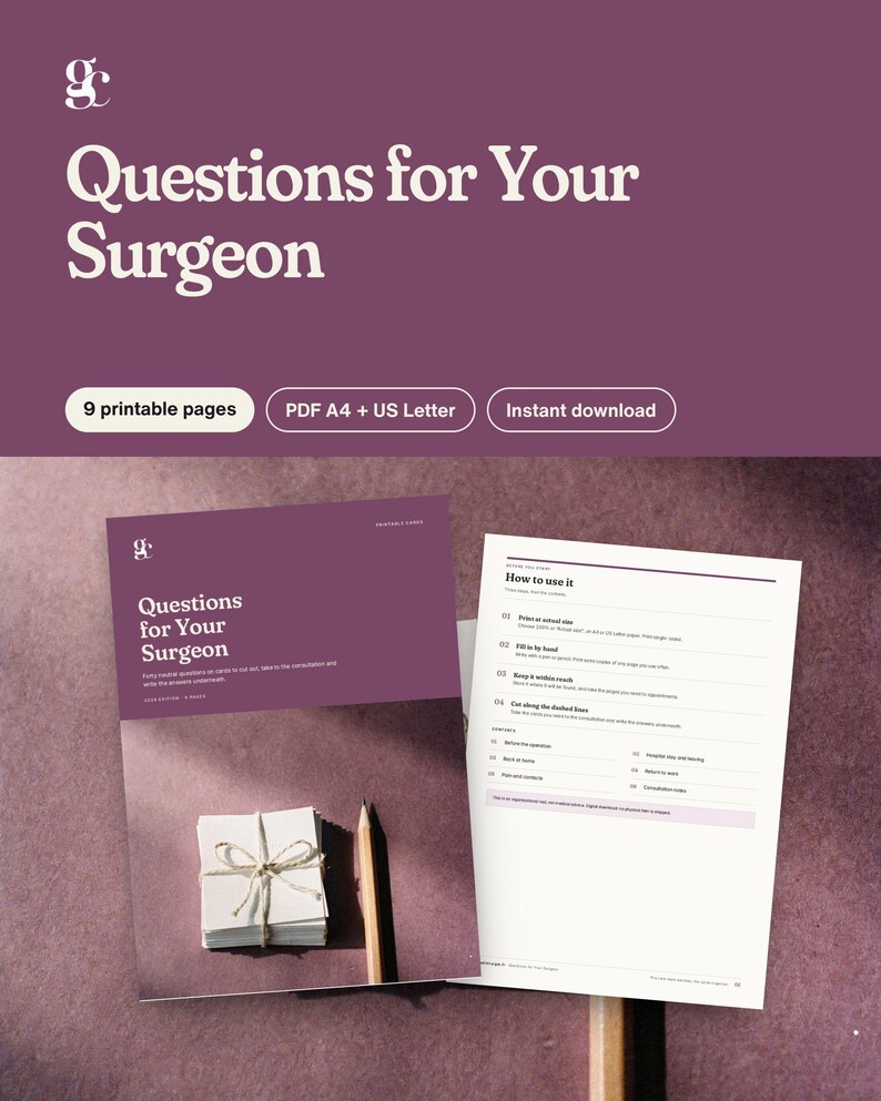 Pu&ograve; includere: Un documento stampabile intitolato Questions for Your Surgeon con 9 pagine in formato PDF A4 e US Letter. La copertina mostra una pila di schede legate con uno spago e una matita. La seconda pagina fornisce istruzioni su come utilizzare le schede.