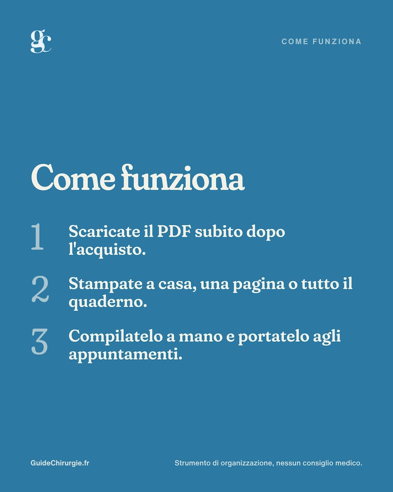 May include: A blue informational graphic with white text titled Come funziona. It lists three steps: 1. Scaricate il PDF subito dopo l'acquisto. 2. Stampate a casa, una pagina o tutto il quaderno. 3. Compilatelo a mano e portatelo agli appuntamenti.