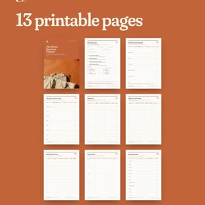May include: A digital collection of 13 printable pages titled The Home Recovery Planner, displayed against a solid terracotta background. The layout includes a cover page and eight individual planning sheets with grids, headers, and text.