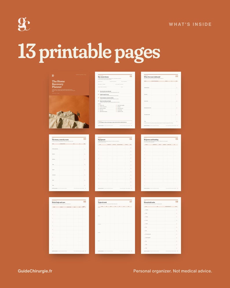 May include: A digital collection of 13 printable pages titled The Home Recovery Planner, displayed against a solid terracotta background. The layout includes a cover page and eight individual planning sheets with grids, headers, and text.