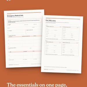 May include: Two white paper sheets with black and red text. The left sheet is titled Emergency Medical Info with fields for personal details, allergies, medications, and contacts. The right sheet shows wallet cards to cut, fold, and carry.